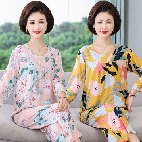 棉绸妈妈夏装长袖外穿中老年睡衣