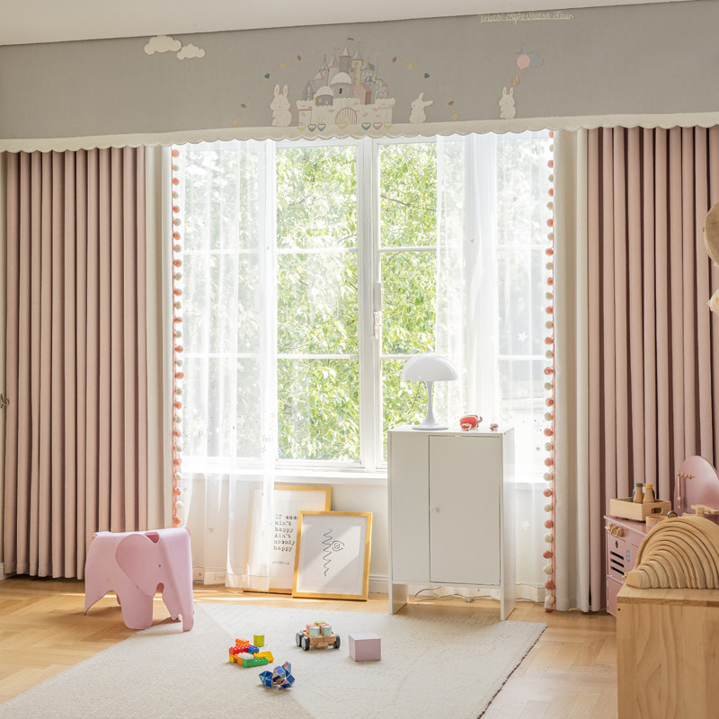 新款奶油公主风女孩房遮光窗帘幔头帘头飘窗儿童房窗纱 城堡小兔