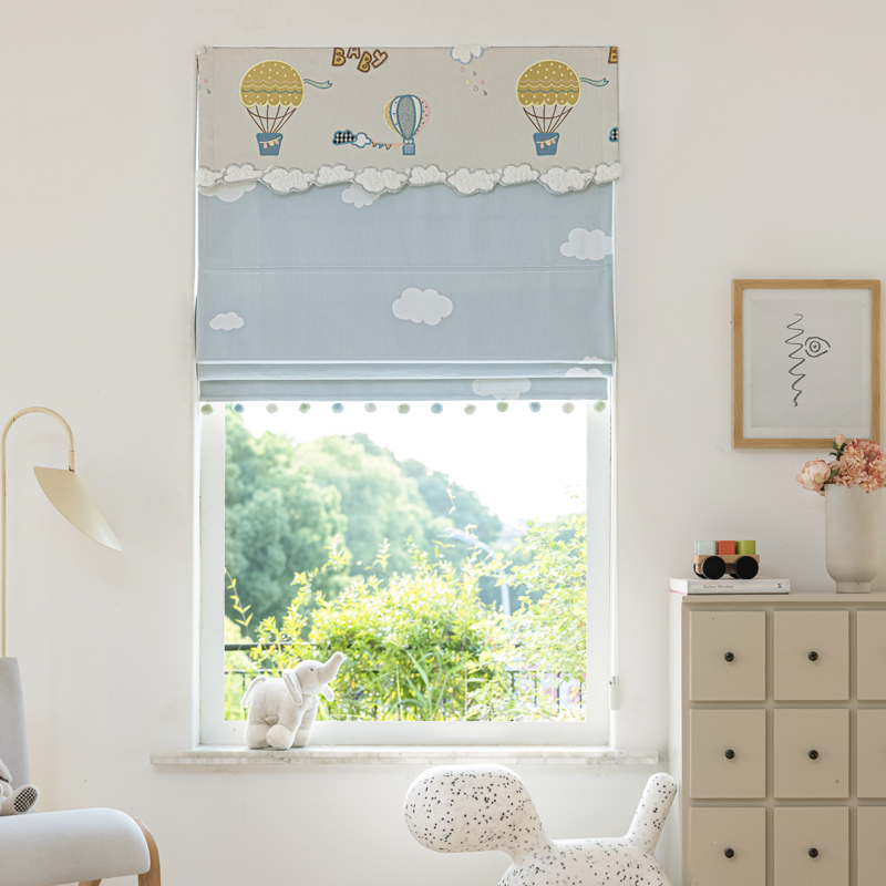 ins儿童房卡通女孩男孩卧室遮光童趣环保罗马帘升降窗帘 浮云朵朵