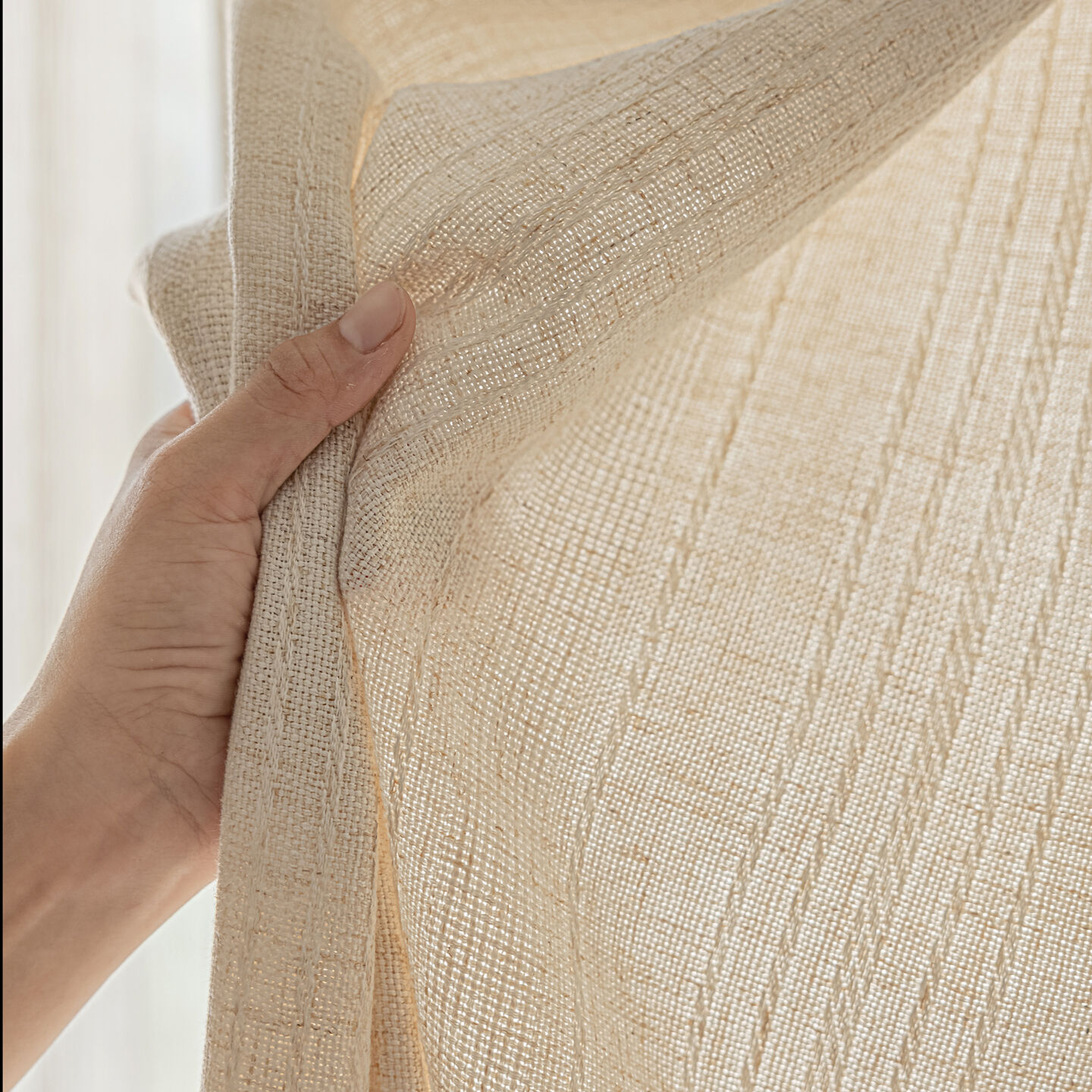 法式奶油亚麻原木风编织立体条纹肌理感客厅书房阳台窗帘半布半纱