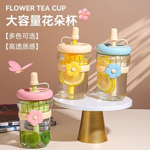 ins花茶杯简约水杯女生便携茶水分离杯吸管玻璃杯泡茶杯高颜值dm