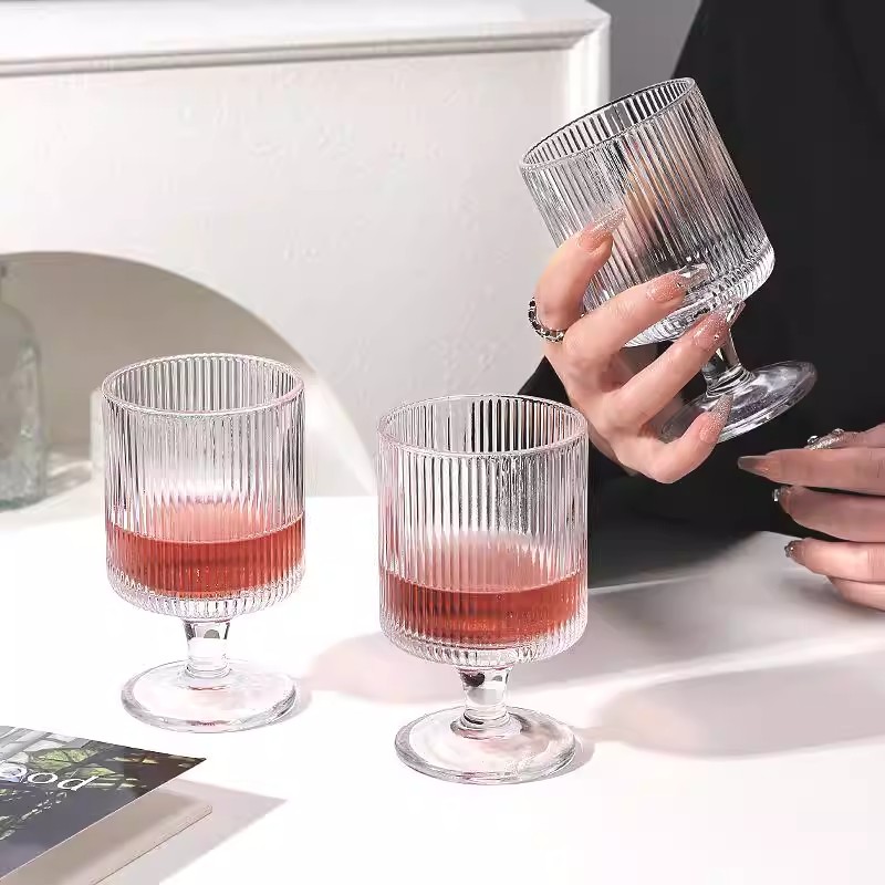 【4只装】竖条纹高脚杯子ins高颜值家用玻璃杯饮料果汁水杯洋酒杯