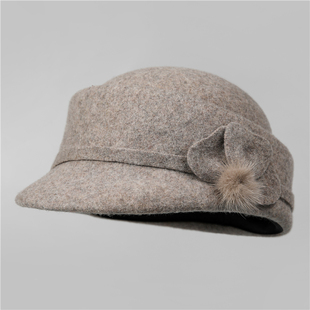 复古秋冬季女士羊毛呢优雅三叶花朵保暖短檐鸭舌帽显脸小马术帽子
