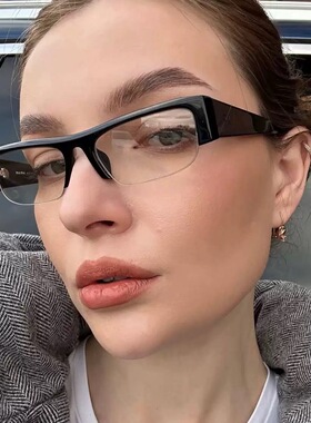 MM风复古黑色半框长方形太阳镜走秀款Y2K英伦风斯文凹造型眼镜架