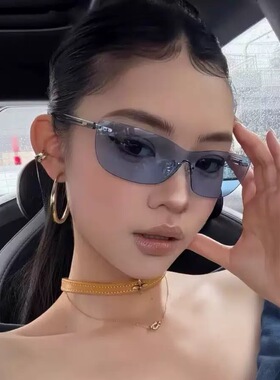无框连体蓝色太阳眼镜防紫外线韩系Y2K时尚街拍中古墨镜男女新款