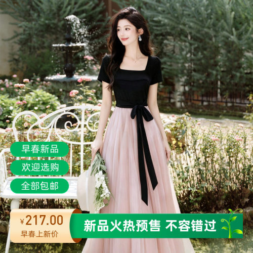 法式绝美气质网纱拼接连衣裙女夏季新款千金感生日小礼裙显瘦长裙