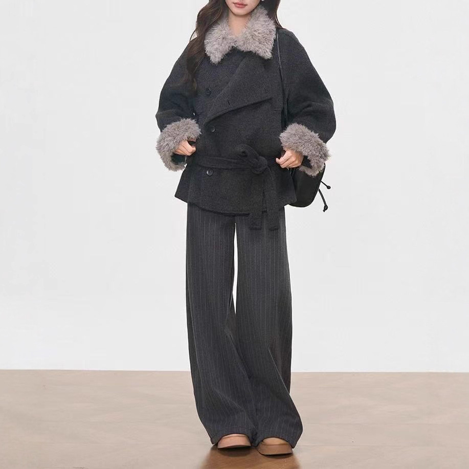 10.7新品 WESTAYONE毛领加厚毛呢大衣外套女士小个子+阔腿裤