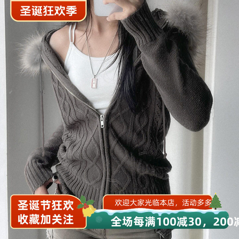 秋冬季新款复古麻花拉链开衫毛衣修身辣妹保暖毛毛连帽外套