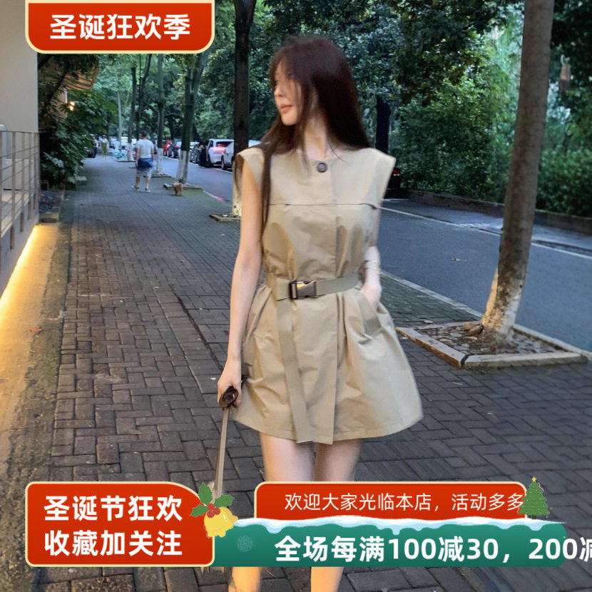 2025夏季新款气法式复古卡其色气质设计感收腰显瘦无袖衬衫连衣裙