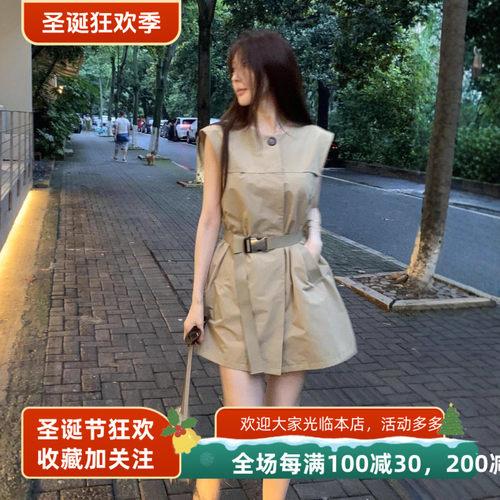 2025夏季新款气法式复古卡其色气质设计感收腰显瘦无袖衬衫连衣裙