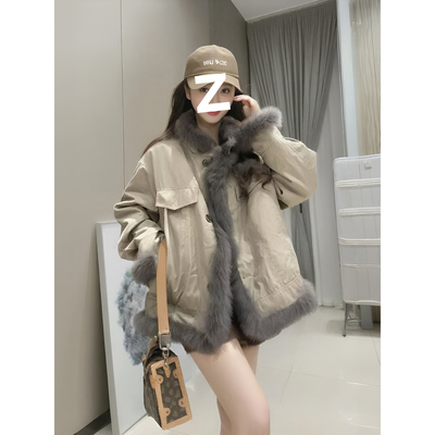 2025巨美冬女新款双面穿休闲派克服皮草毛毛气质韩系棉服短款外套