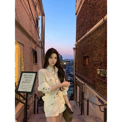 CHICYOU「韩女时分」 莱赛尔亚麻气质腰带白色长袖休闲白衬衫上衣