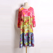 连衣裙女2025年时尚 印花大摆裙 拼色百搭圆领中长款 气质韩版 长袖