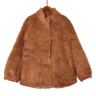 仿羊羔毛短款灯笼袖大衣秋冬加厚保暖棉服时尚颗粒绒夹克女士上衣