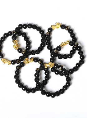 镀金貔貅黑曜石男女手链招财弹力手工手串车内装饰地摊网红装饰品