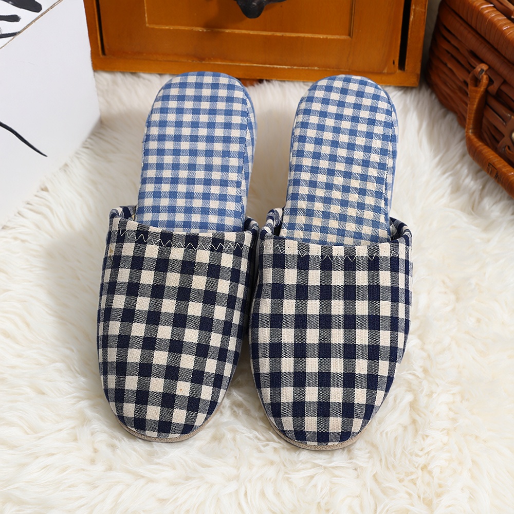 包头坡跟家居拖鞋四季款格纹家用室内静音拖鞋轻便木地板春秋拖鞋