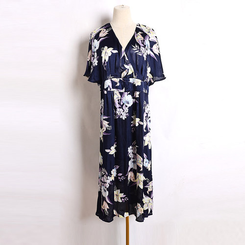 夏季雪纺印花连衣裙黑2025韩版时尚气质V领收腰款女士短袖长裙潮