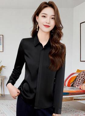 韩版修身气质工作服职业衬衣工装黑色衬衫女长袖春装打底衫高级感