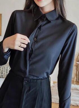 黑色长袖职业衬衫女小众高级感春秋时尚气质修身白衬衣正装工作服
