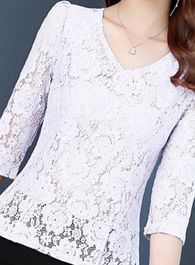 中袖镂空雪纺蕾丝衫女夏2025新款韩版女装修身打底衫洋气小衫上衣