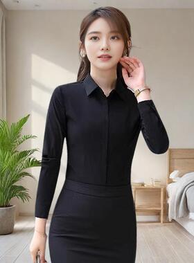 长袖白衬衫女职业正装暗扣黑色衬衣设计感小众高级感减龄洋气上衣