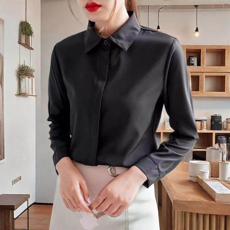 秋季暗扣黑色长袖衬衫女正装休闲职业工装西装打底衫防走光OL衬衣