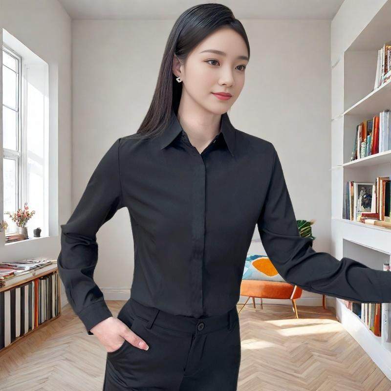 韩版长袖衬衫修身气质职业装工作服正装黑衬衣女式工装大码OL面试