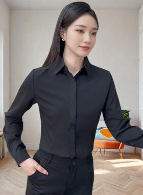 韩版长袖衬衫修身气质职业装工作服正装黑衬衣女式工装大码OL面试