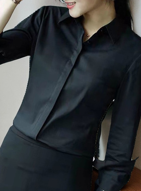 黑色衬衫女长袖春秋修身气质翻领OL职业装工作服打底白衬衣高级感