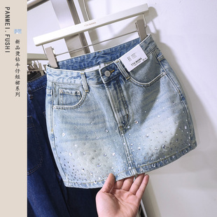 复古蓝显瘦a字包臀半身裙 新款 wawa高腰烫钻牛仔短裙裤 女2025夏季