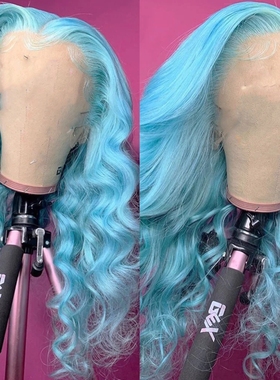 欧美蓝色长卷发女士前蕾丝手勾化纤整顶假发全头套女高温丝wigs