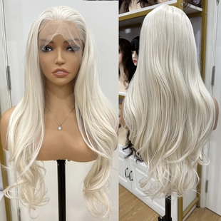 铂金金发大卷发女士前蕾丝手勾化纤整顶假发全头套哑光高温丝wigs