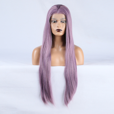 混紫直发女士挑染前蕾丝手勾化纤整顶假发全头套女高温丝lace wig
