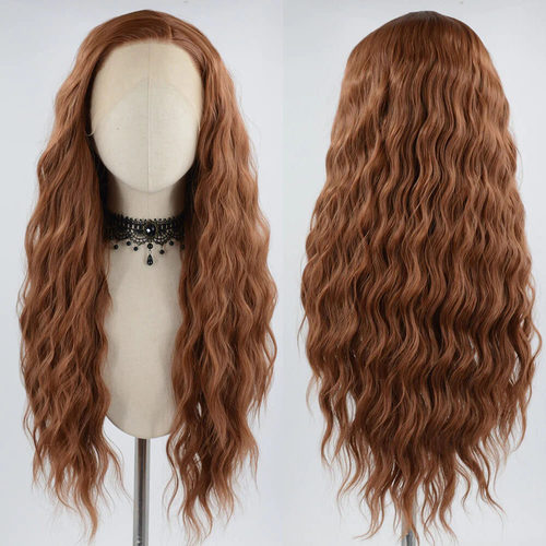 棕色长卷发女士前蕾丝手勾化纤整顶假发全头套哑光高温丝wigs