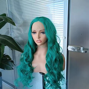 绿色长卷发女士前蕾丝手勾化纤整顶假发全头套哑光高温丝wigs