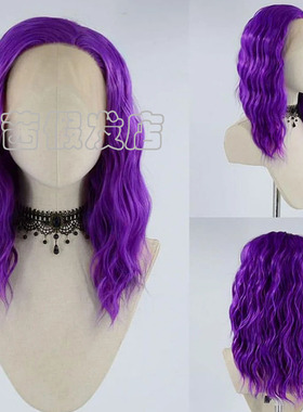 紫色短wave前蕾丝化纤卷Bob假发头套 synthetic lace front wigs