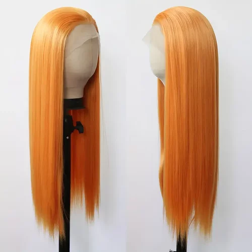 桔橘色长直发女士前蕾丝手勾化纤整顶假发全头套哑光高温丝wigs