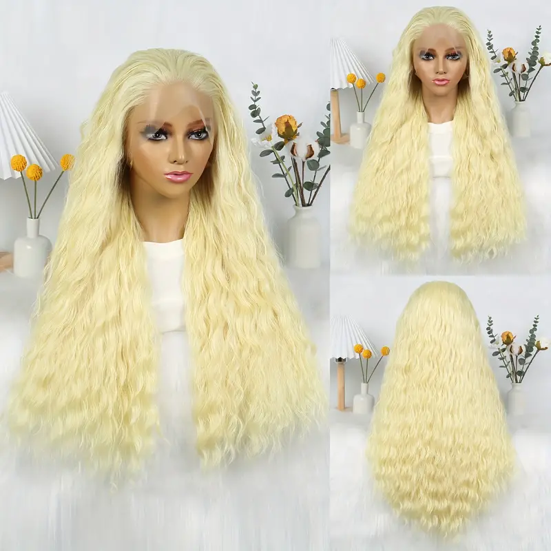 613小卷curly发女士前蕾丝手勾化纤整顶假发全头套哑光高温丝wigs