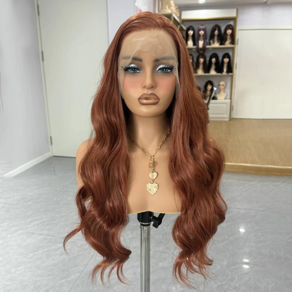 350红棕长卷发女士前蕾丝手勾化纤整顶假发全头套哑光高温丝wigs