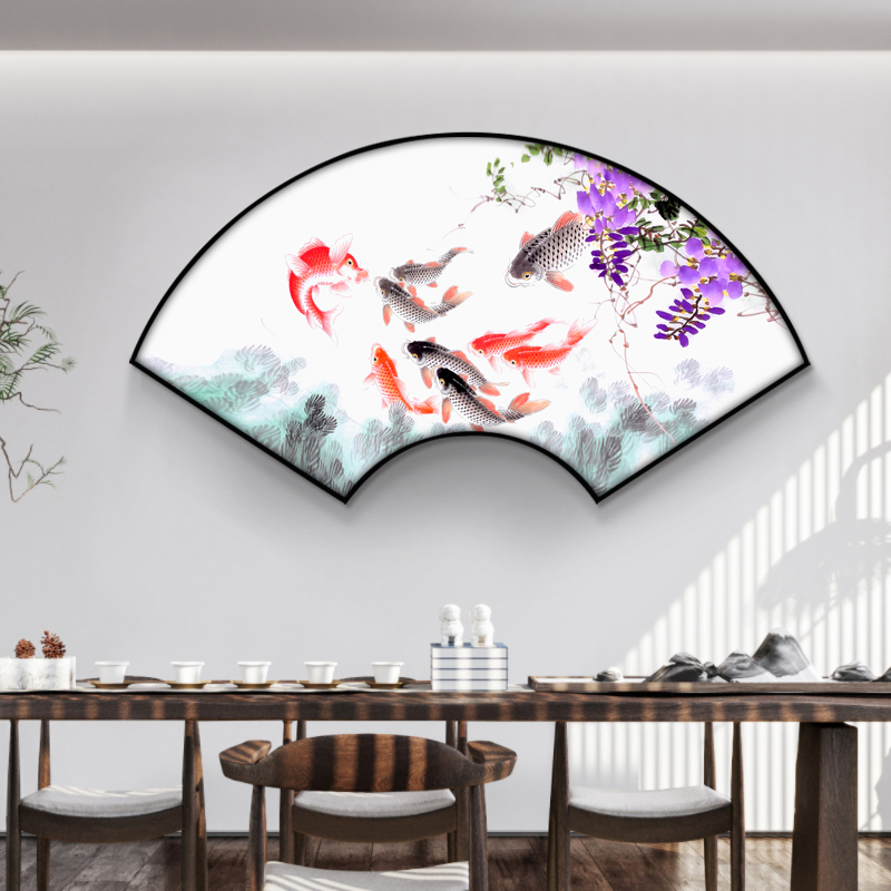 玄关装饰画九鱼图招财扇形挂画新中式客厅餐厅墙面装饰壁画大气图片