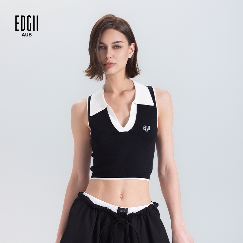 EDGII撞色V领针织背心女夏修身短款polo领运动上衣设计感