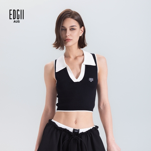 EDGII撞色V领针织背心女夏修身 polo领运动上衣设计感 短款