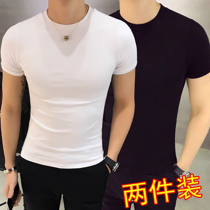 夏季薄款男士圆领短袖t恤韩版弹力修身紧身体恤白色半袖打底衫潮