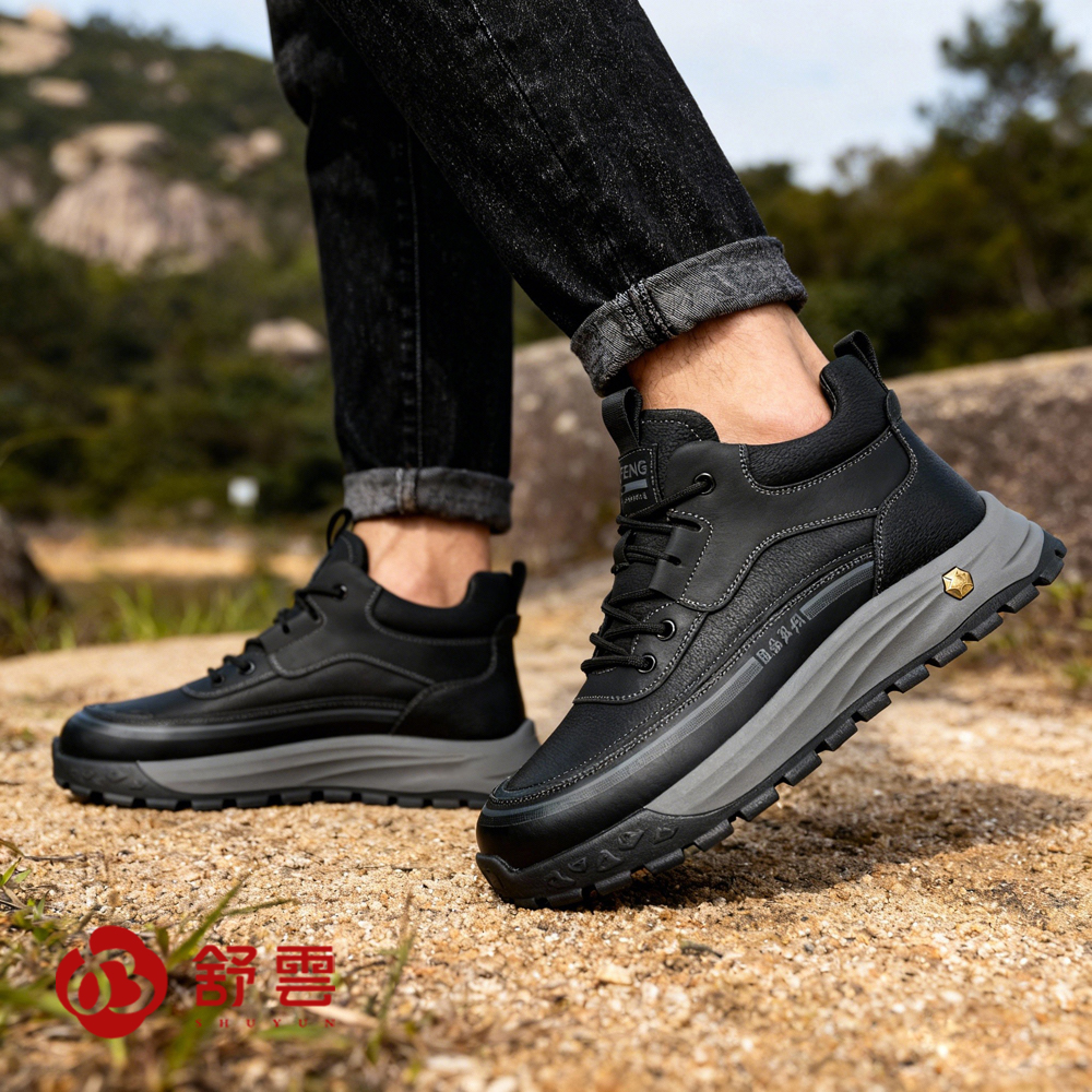 舒云男鞋冬季加绒保暖高帮棉鞋防滑厚底系带真皮户外休闲工装鞋男