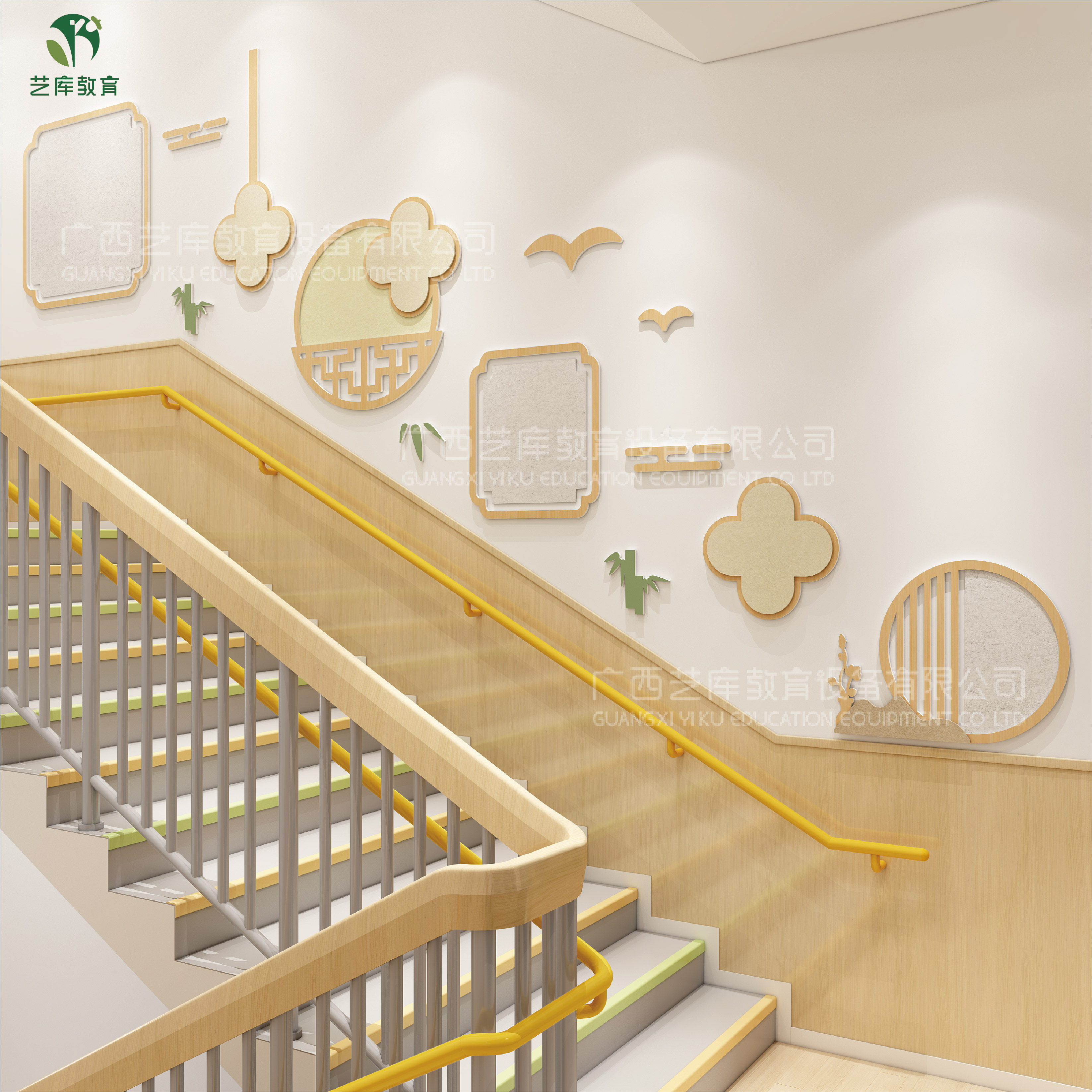幼儿园楼梯文化墙面楼梯环创大厅走廊原木自然简约毛毡雪弗板装饰