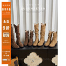 柒步森林废土风V口高筒堆堆靴骑士靴子女2025秋冬季 西部长靴 新款