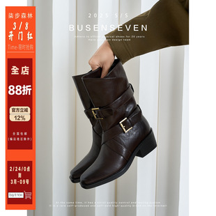 柒步森林高跟绑带搭扣机车中筒短靴时尚气质时装马丁靴子女秋新款