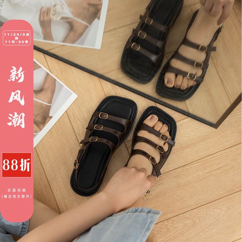 柒步森林牛皮平底罗马凉鞋