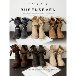 柒步森林牛反绒~厚底软趴趴堆堆跨跨靴高级复古西部短靴子女新款