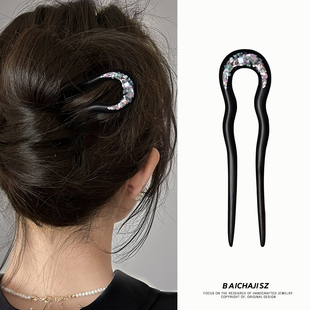 u型发簪2025新款高端丸子盘发发簪女螺钿贝壳日常通勤上班族簪子